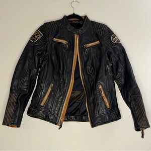 Harley Davidson Black Leather Motorcycle Jacket with Tan Trim